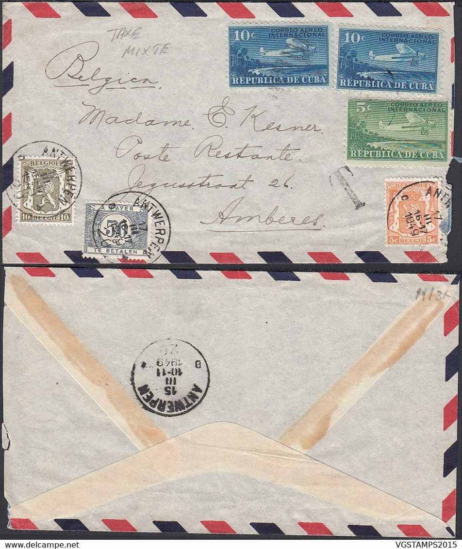 Cuba 1949 - Lettre Par Avion -Poste Restante Belge à Destination Amberes- Taxe ............ (DD) DC-10653 - Used Stamps