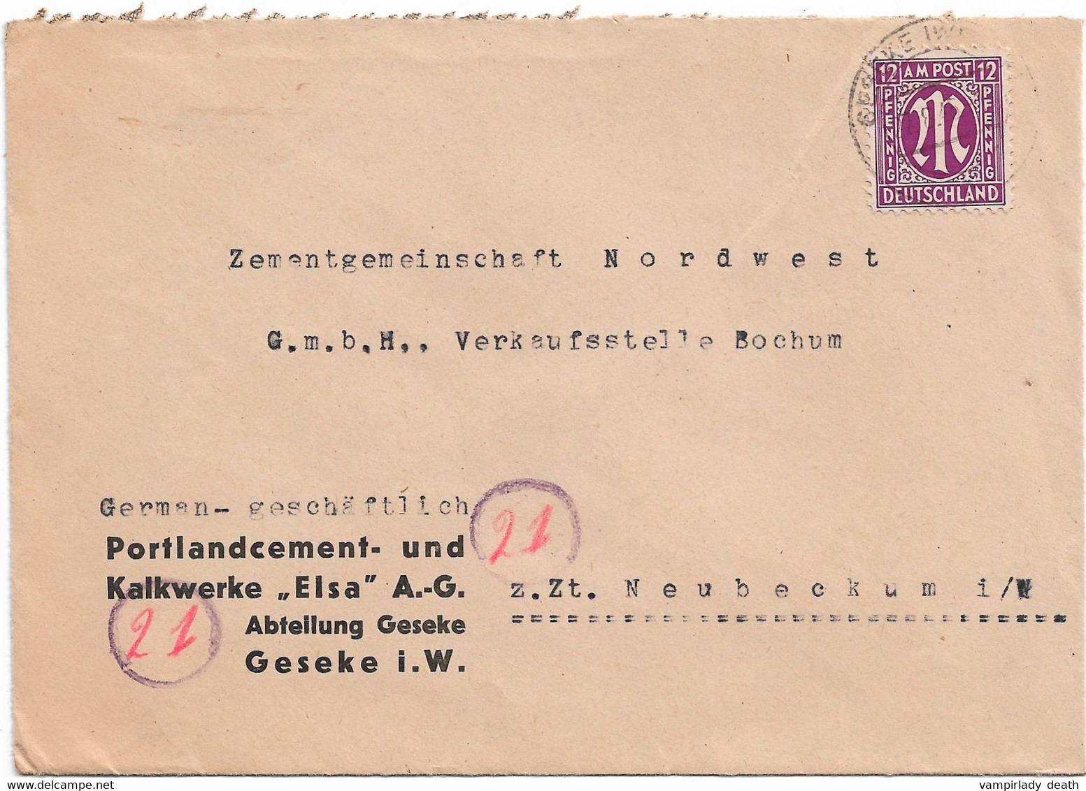 Brief, Geseke, Westfalen, "Portlandcement-und Kalkwerke "Elsa A.-G."", Gel.. 1945 - Other & Unclassified