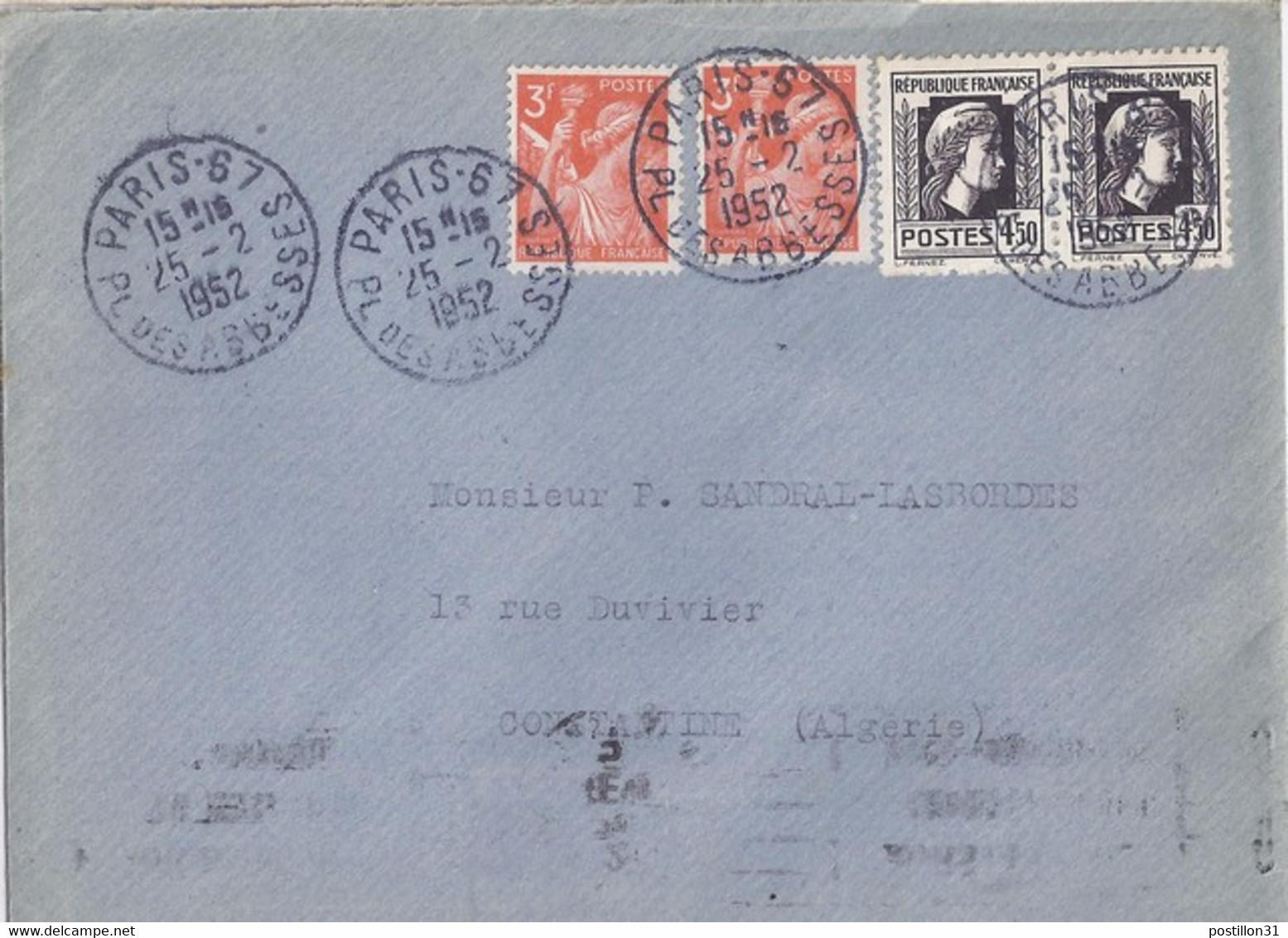 TYPE COQ ET MARIANNE D'ALGER N° 644x2/655x2 SUR LETTRE DE PARIS 57/25.2.52 POUR L'ALGERIE - 1944 Marianne Van Algerije