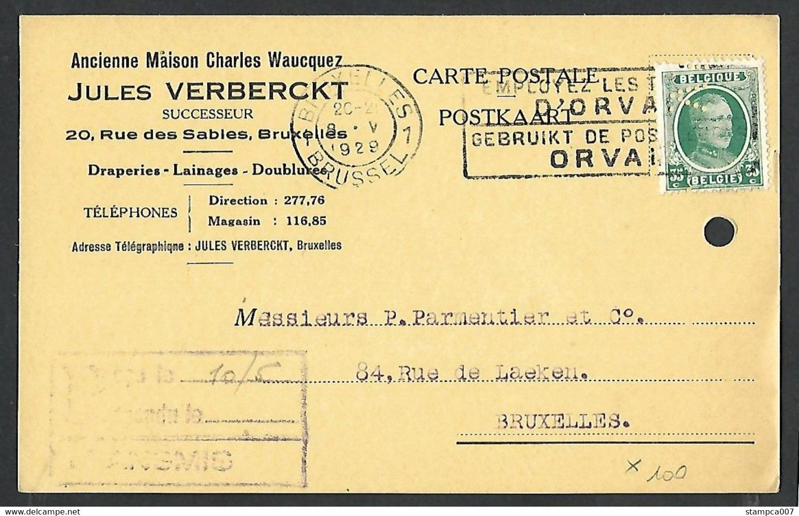 Perfin Perforatie  J.V.   Jules Verbeckt Successeur Bruxelles - 1909-34