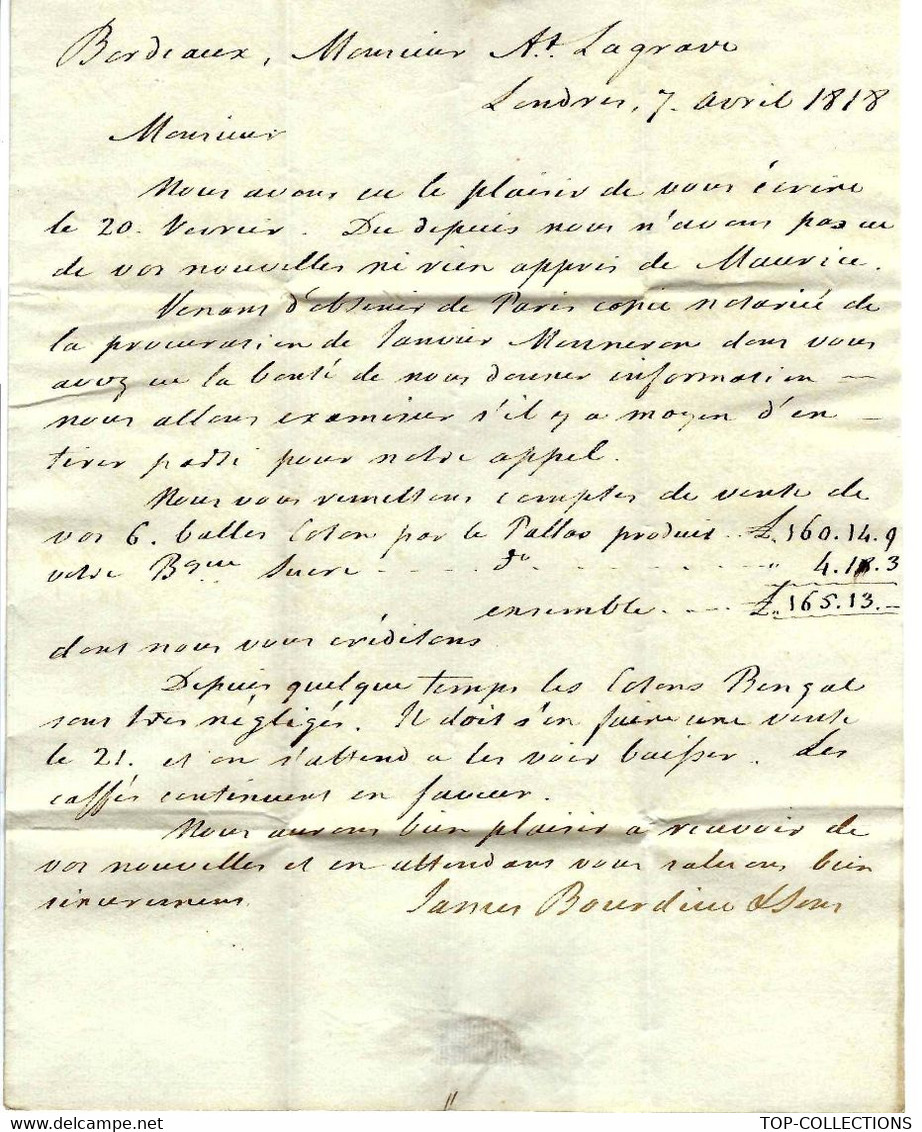 1818 PROTESTANTISME NECKER  COMPAGNIE DES INDES  COMMERCE NEGOCE INTERNATIONAL  Par James Bourdieu & Sons à Londres - Documents Historiques