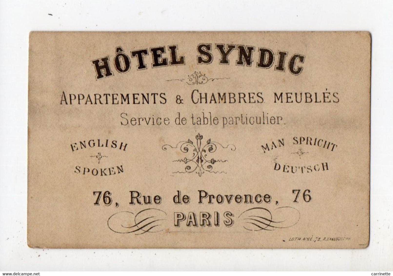 Carte De Visite - Hôtel SYNDIC - 76 Rue De Provence à Paris - Visiting Cards