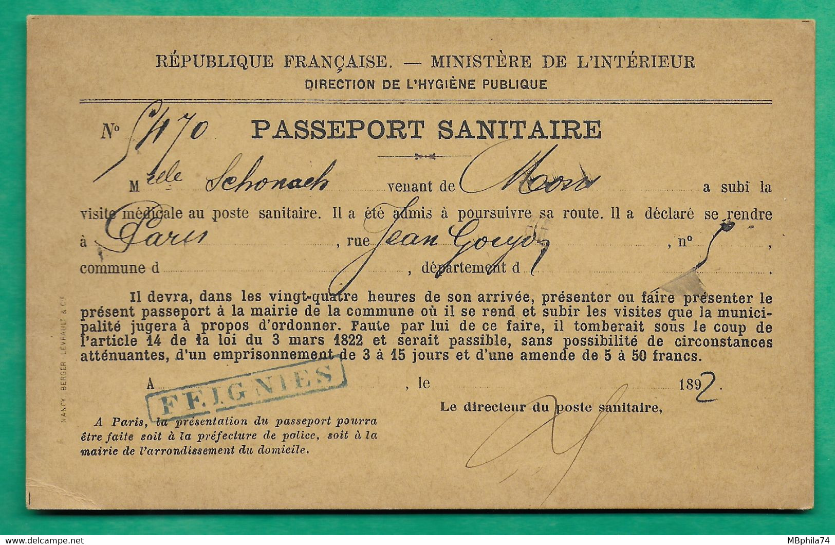 PASSEPORT SANITAIRE DIRECTION DE L'HYGIENE PUBLIQUE MAIRIE DE FEIGNIES NORD PANDEMIE CHOLERA 1892 - Documenti Storici