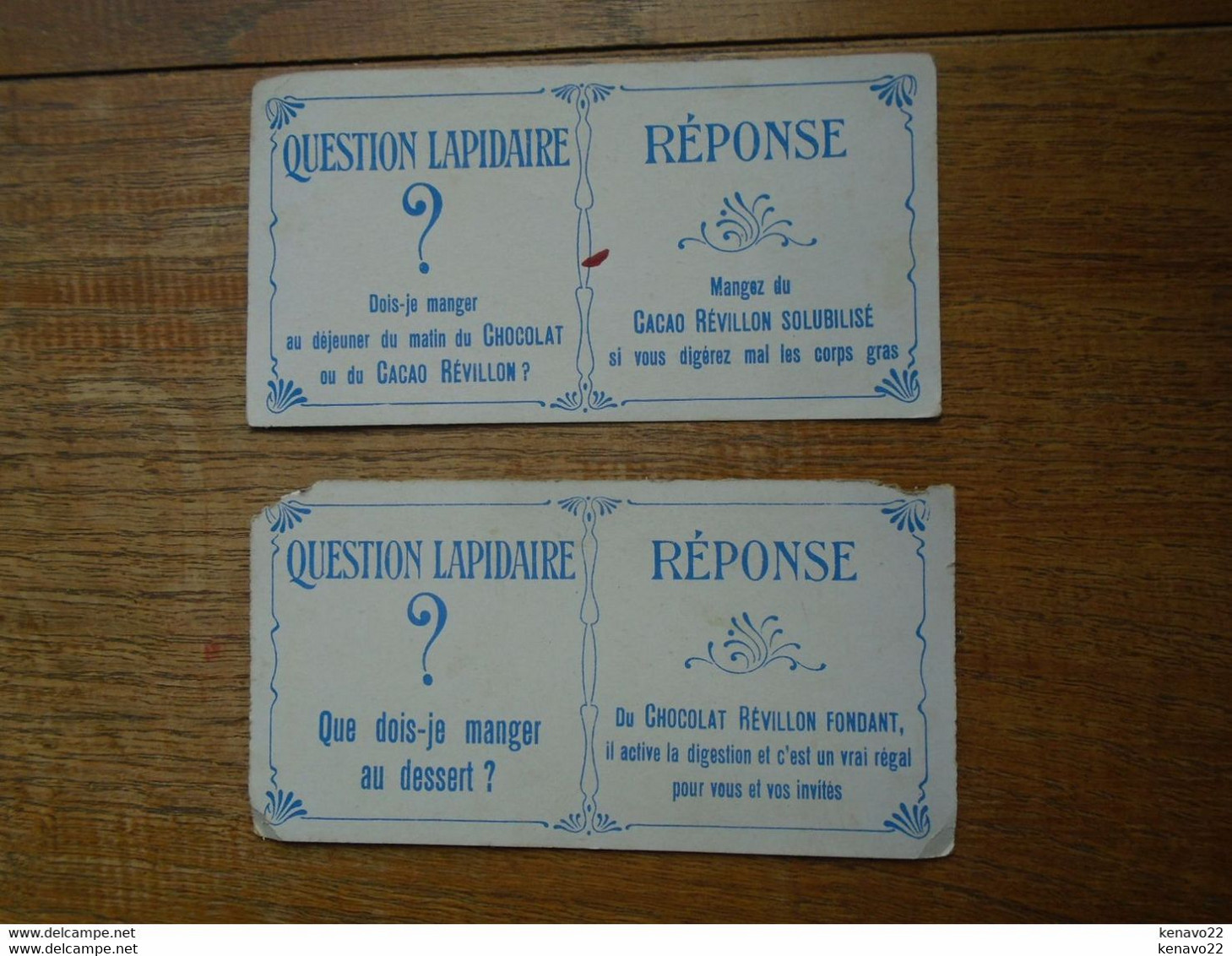 Assez Rare , 2 Images , Pub Du Chocolat Révillon , Thème Question Lapidaire ? "" Vendu En L'état "" - Revillon