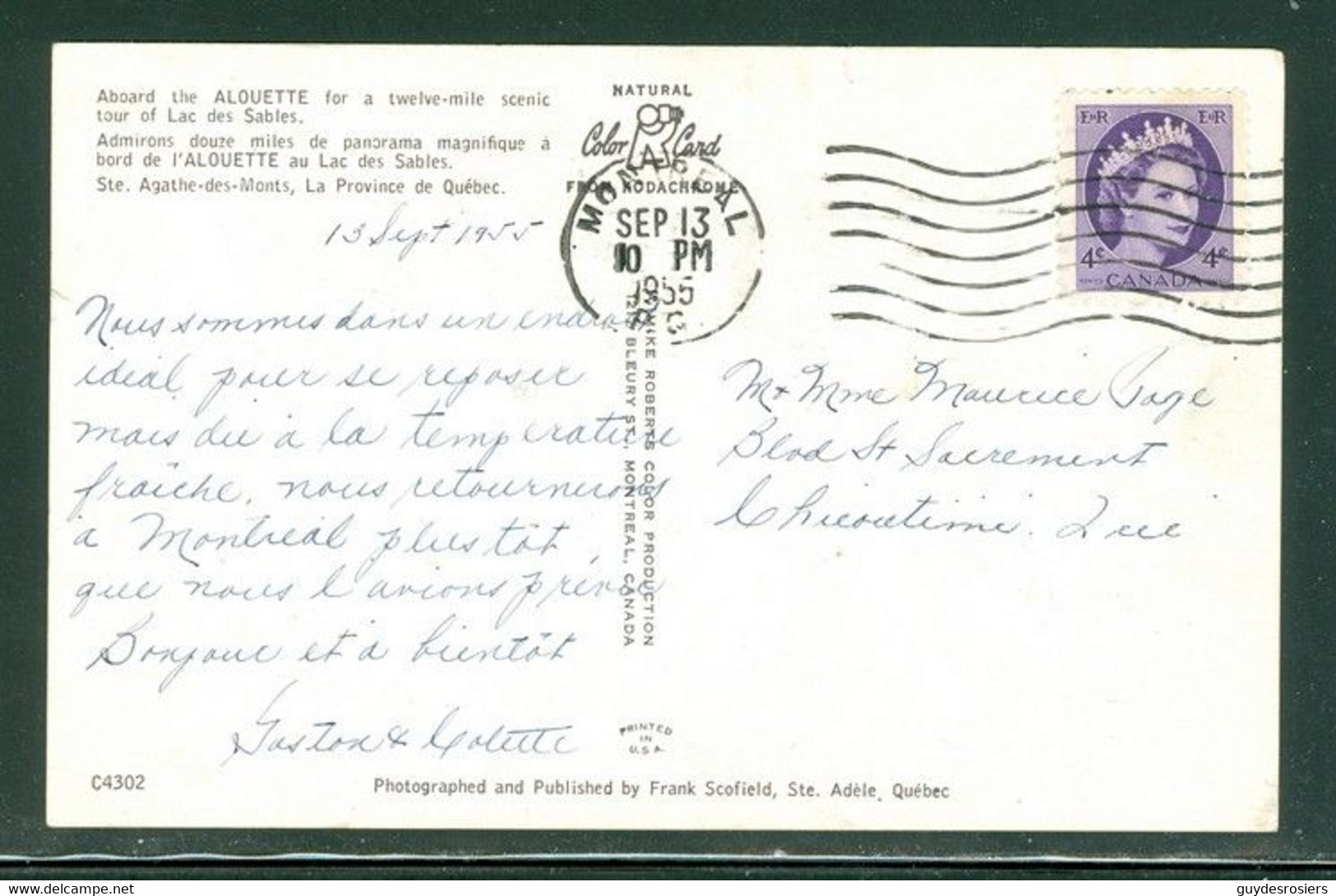 Bateau ALOUETTE Boat; Lac Des Sables; Timbres Scott # 340 Sur Carte Postale USAGÉE / Stamps On A USED Post Card (8917) - Brieven En Documenten