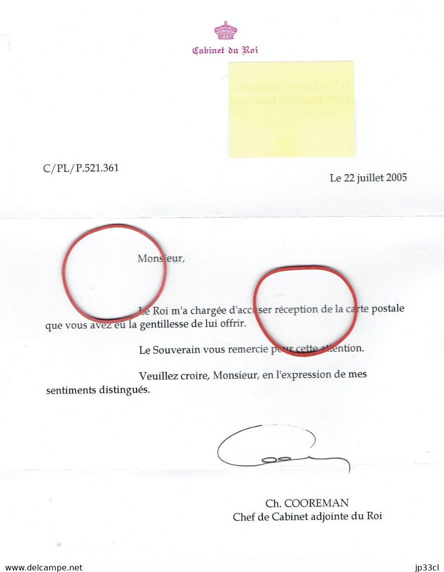 Lettre De Ch. Cooreman, Chef De Cabinet Adjointe Du Roi Albert II (22 Juillet 2005) Avec Enveloppe Officielle - Non Classés