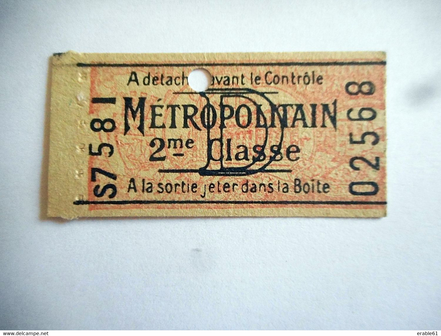 TICKET METROPOLITAIN 2 EME CLASSE METRO PARIS - Europe