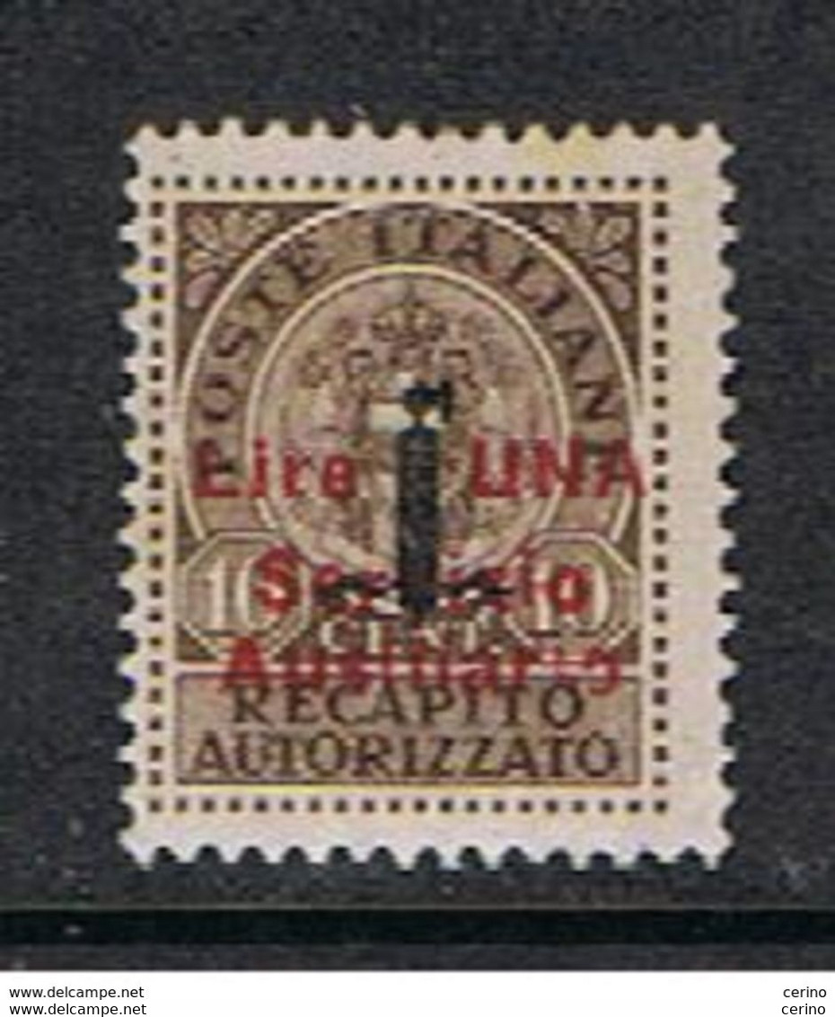 R.S.I.:  1945  GUIDIZZOLO  -  RECAPITO  AUTORIZZ. SOPRASTAMPATO  -  £.1/ 10 C. BRUNO  N. -  C.E.I. 1 - Local And Autonomous Issues