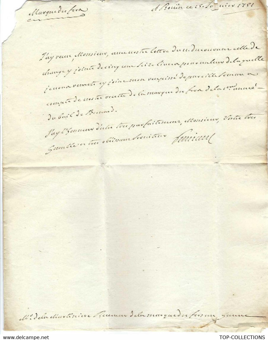 IMPOTS ANCIEN REGIME FERMES GENERALES  Marque Des Fers 1750  &  1751 LETTRE De Rouen Signée + Reçu Pour De La Martinière - Historical Documents