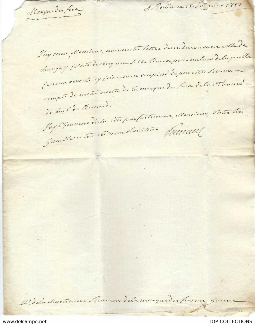 IMPOTS ANCIEN REGIME FERMES GENERALES  Marque Des Fers 1750  &  1751 LETTRE De Rouen Signée + Reçu Pour De La Martinière - Historische Documenten