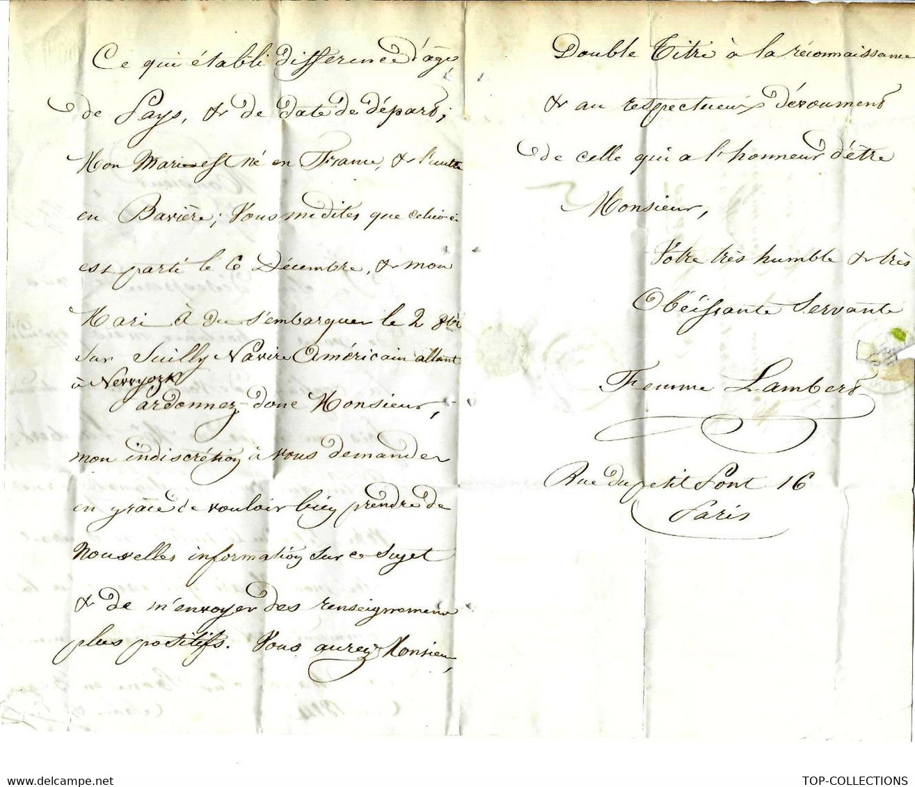 1846 LETTRE De Paris Bureau Central Pour Le Havre Marine Commissaire Général Marin Disparu  époux Lambert  New York - Historical Documents