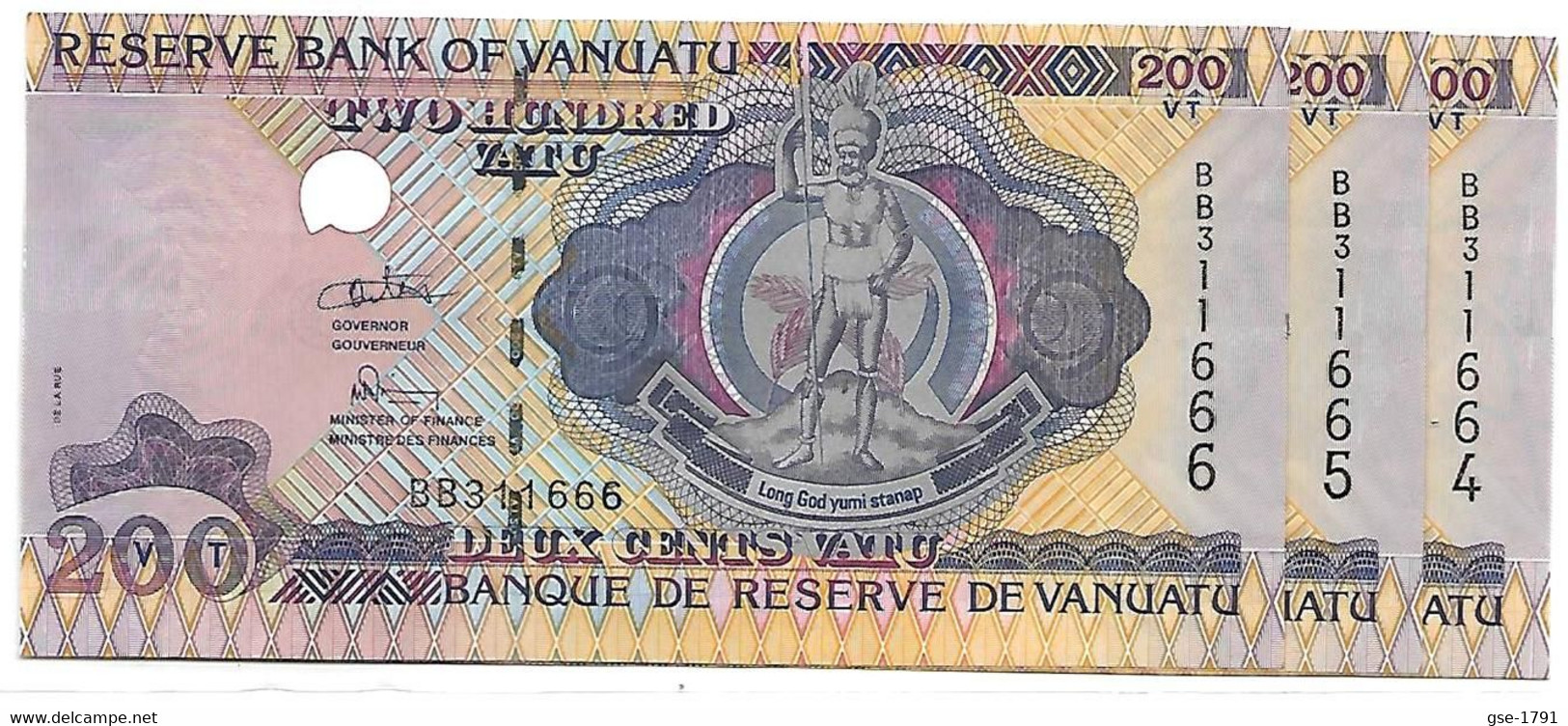 VANUATU Réserve Bank 200Vatu Lot De 3, Série,sign. ODO TEVY  NEUFS - Vanuatu