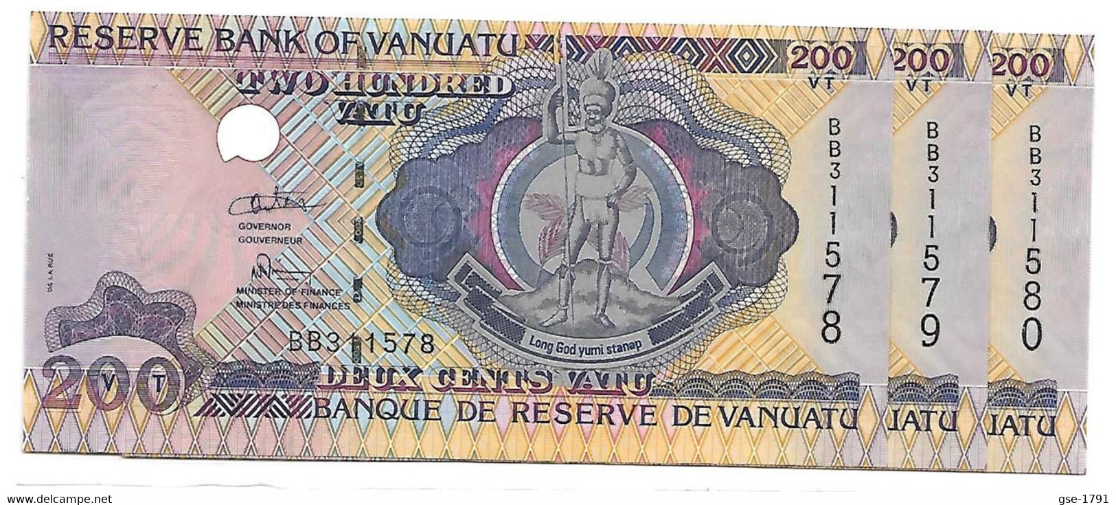VANUATU Réserve Bank 200Vatu Lot De 3 En Série,sign; ODO TEVY , NEUFS - Vanuatu