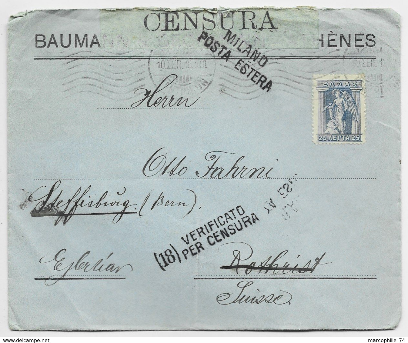 GRECE 25A SOLO LETTRE COVER 1916 TO SUISSE CENSURA - Lettres & Documents