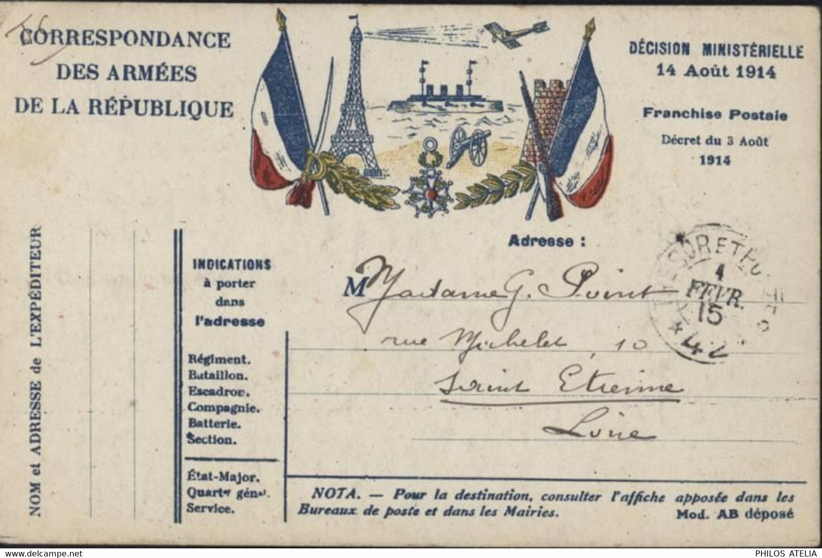 Guerre 14 CP Franchise Postale FM Correspondance Des Armées De La République Modèle AB Trésor & Postes SP 42 1915 - Brieven En Documenten