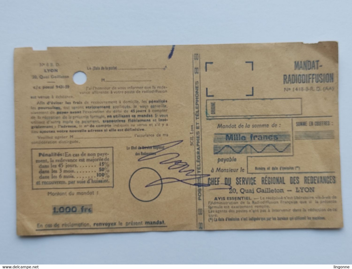 CARTE POSTALE MANDAT RADIODIFFUSION 1000 Francs Timbre Spécial 20 FAUCOGNEY LA MER (Haute-Saône 70) - Radiodifusión