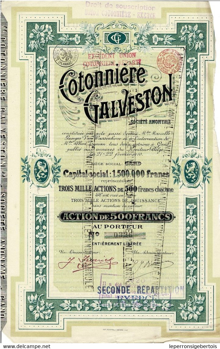 - Titre De 1910 - Cotonnière Galveston - Société Anonyme  - N° 0326 - - Textile