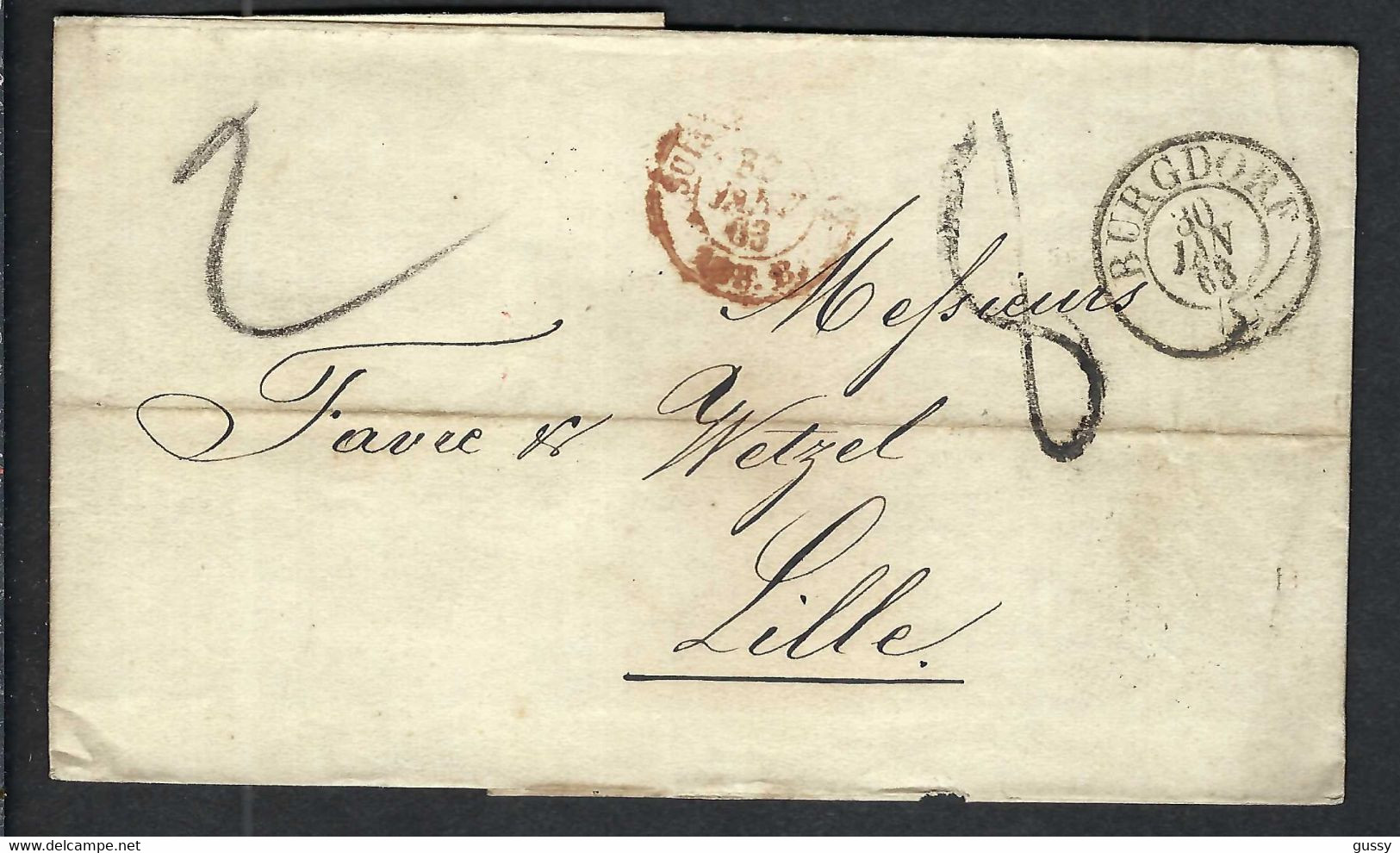 SUISSE PREPHIL.1863: LSC Du 30 Janvier De Burgdorf (CAD) Pour Lille (France) Taxée 8 Décimes, CAD Rouge St Louis - ...-1845 Préphilatélie