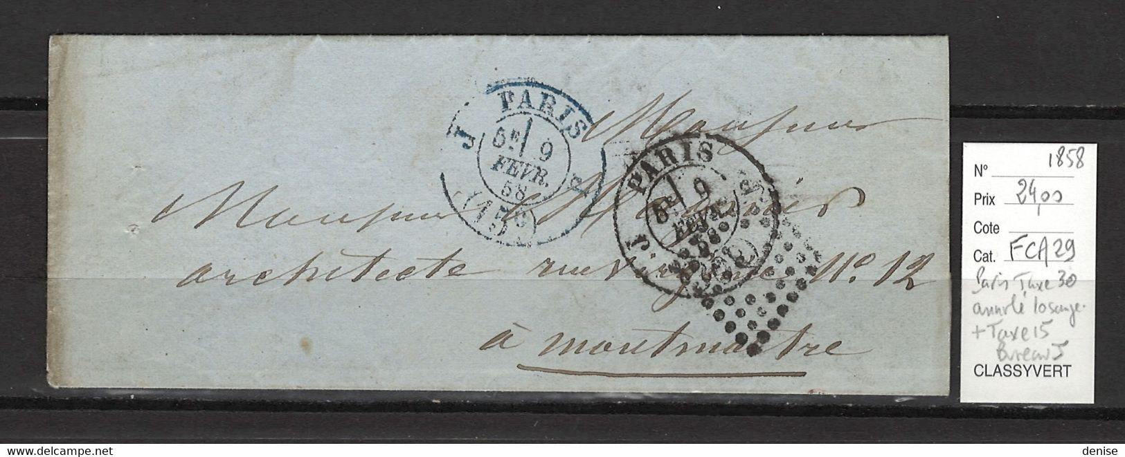 France - Lettre Paris Taxe 30 Annulée Par Losange évidé + Taxe 15 Bureau J -1858 - 1849-1876: Période Classique