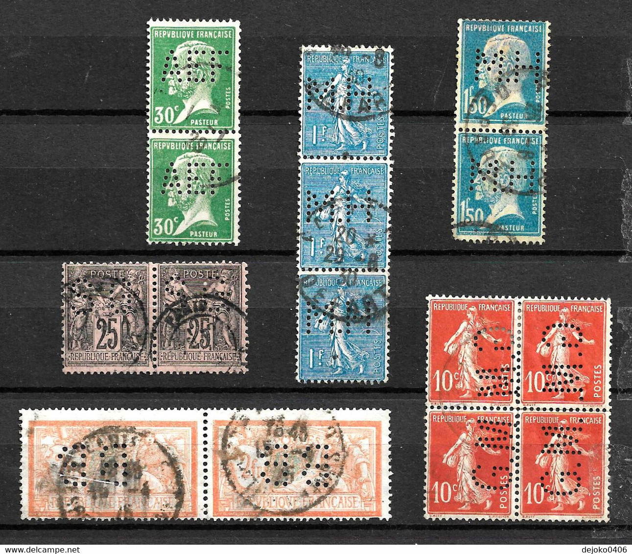 France - 4 Pairs,  1 Strip Of 3, 1 Block Of 4 - Used - Perfins Perfin Perfore - Andere & Zonder Classificatie