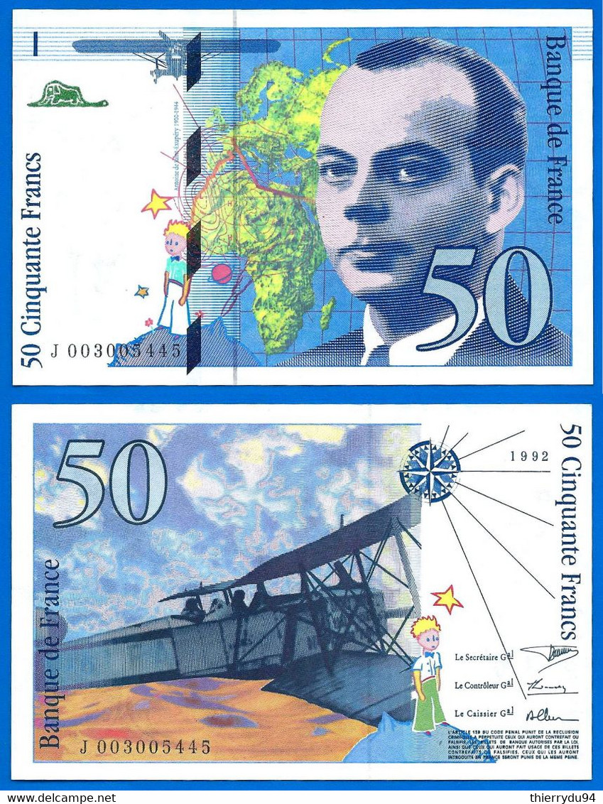 France 50 Francs 1992 Serie U Que Prix + Port Avion Bi Plan Saint Exupery Frcs Frc Paypal Bitcoin OK - 50 F 1992-1999 ''St Exupéry''