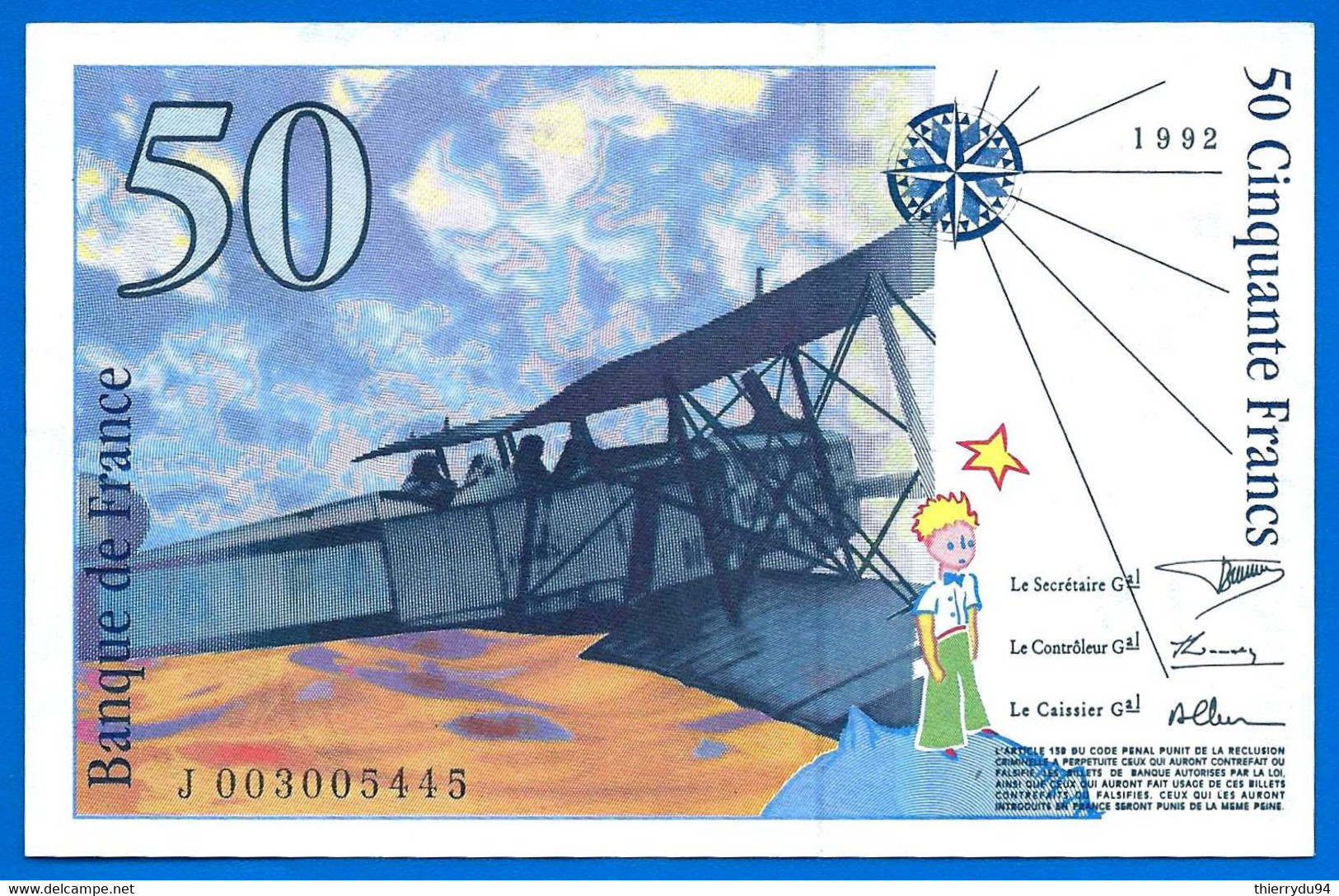 France 50 Francs 1992 Serie U Que Prix + Port Avion Bi Plan Saint Exupery Frcs Frc Paypal Bitcoin OK - 50 F 1992-1999 ''St Exupéry''