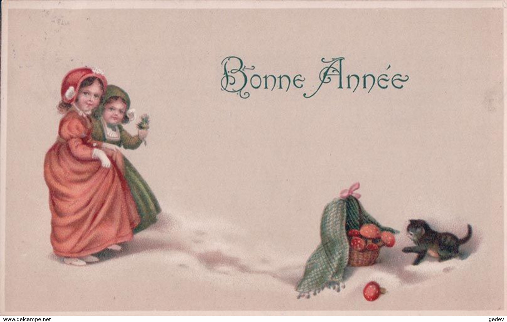 Bonne Année, Jeunes Filles, Petit Chat Et Champignons, Litho (1202) - Nieuwjaar