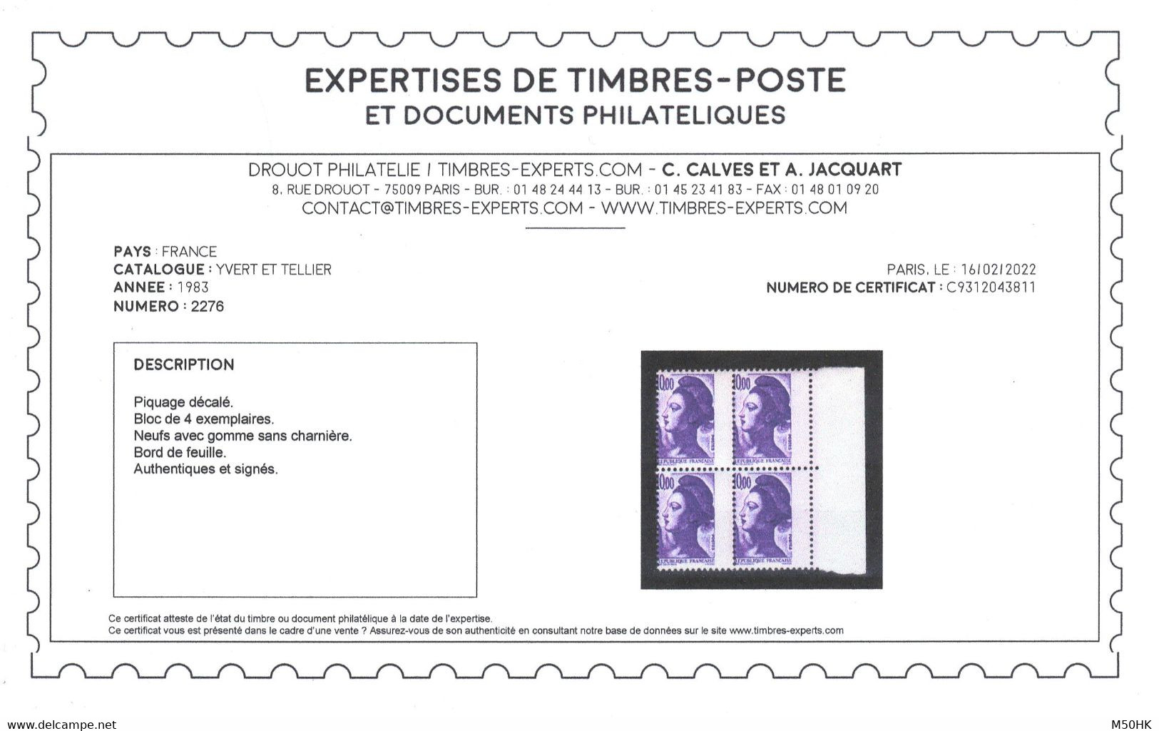 Signé CALVES & Certificat - Variété - Piquage à Cheval Sur YV 2276 En Bloc De 4 BdF, Liberté De Delacroix N** MNH , Rare - Ungebraucht