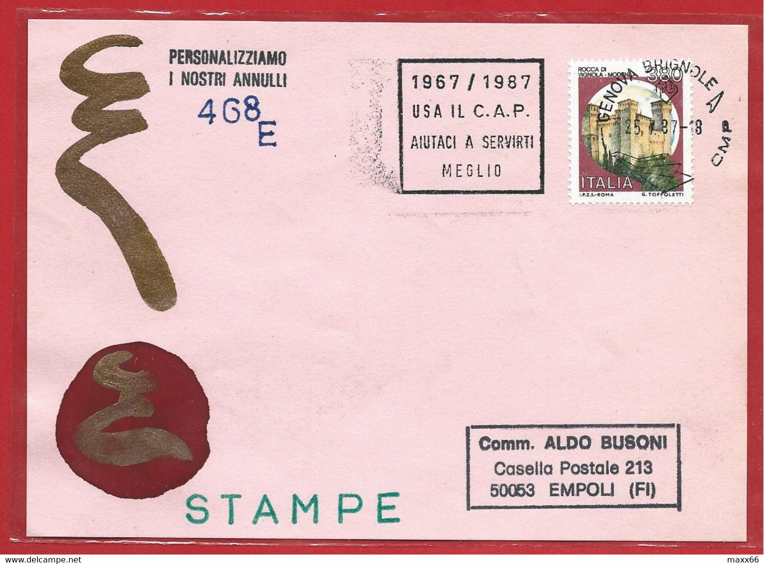 CARTOLINA VG ALDO BUSONI 468E - 1987 GENOVA BRIGNOLE - Usa Il CAP Aiutaci A Servirti Meglio - ANNULLO DEDICATO - Postcode