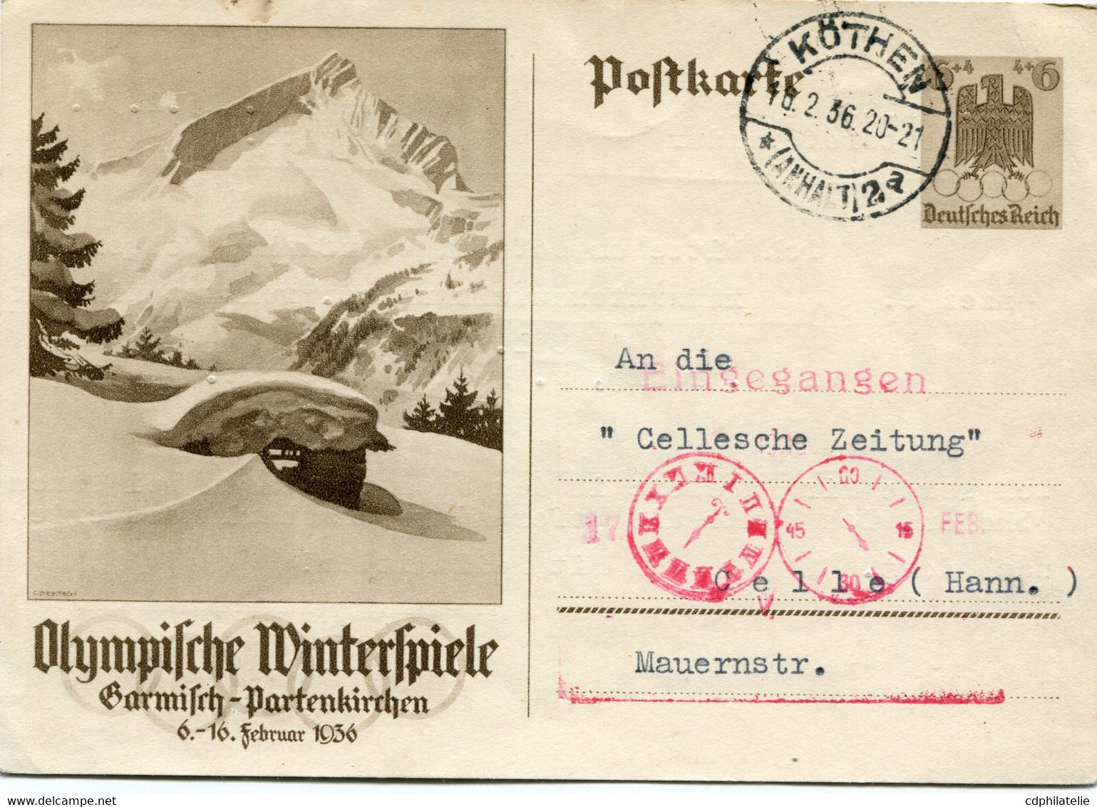 ALLEMAGNE ENTIER POSTAL DEPART KOTHEN 16-2-36 POUR L'ALLEMAGNE - Invierno 1936: Garmisch-Partenkirchen