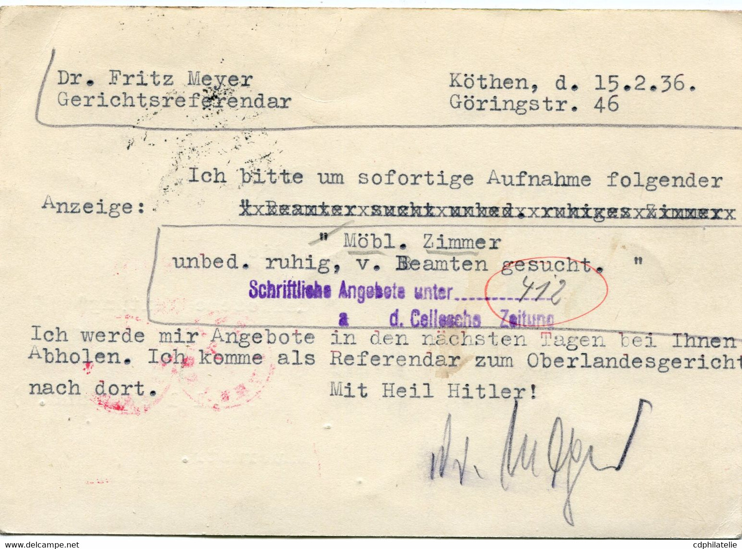 ALLEMAGNE ENTIER POSTAL DEPART KOTHEN 16-2-36 POUR L'ALLEMAGNE - Inverno1936: Garmisch-Partenkirchen