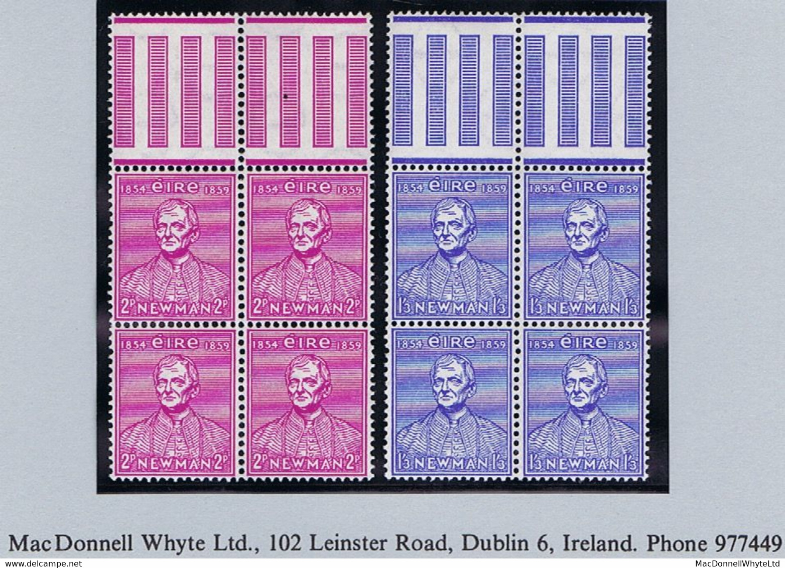 Ireland 1954 Cardinal Newman Set Of 2, Blocks Of Four Fresh Mint Unmounted Never Hinged Marginal - Nuevos