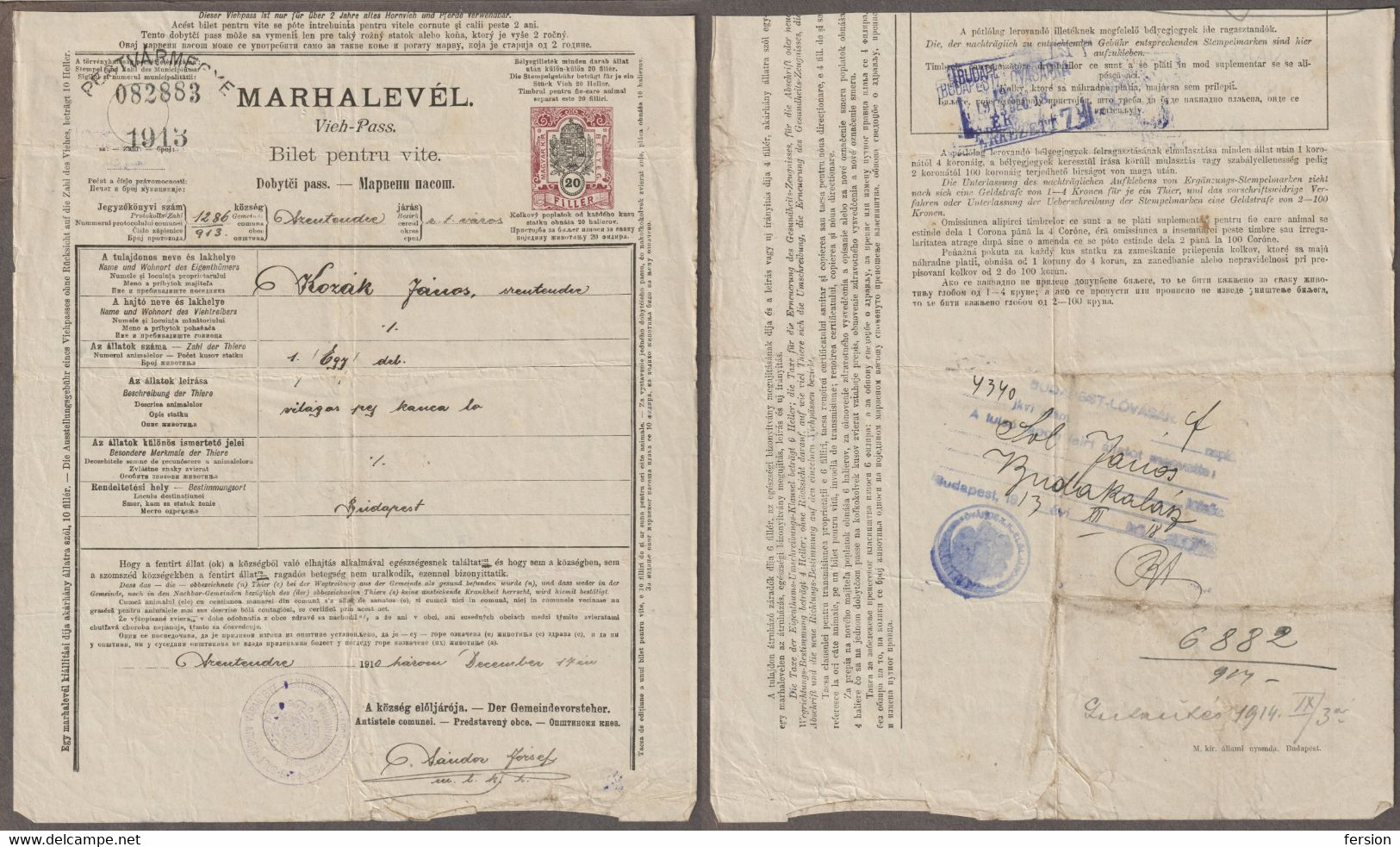 AGRICULTURE Animal Passport PEST County SZENTENDRE - 1913 Hungary Romania  Serbia Slovakia KUK TAX REVENUE STAMP - Steuermarken