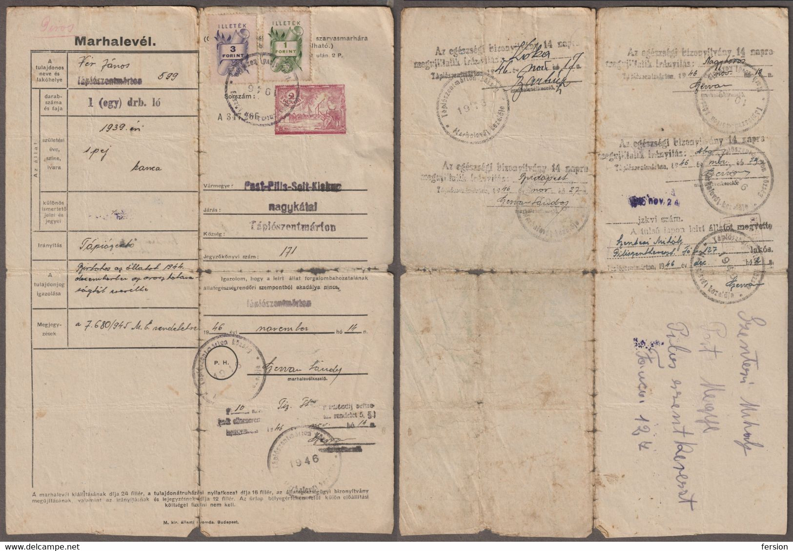 1946 Hungary REVENUE STAMP Agriculture Animal Passport - HORSE OX - Pest Pilis Solt Kiskun County Tápiószentmárton - 2 P - Fiscales