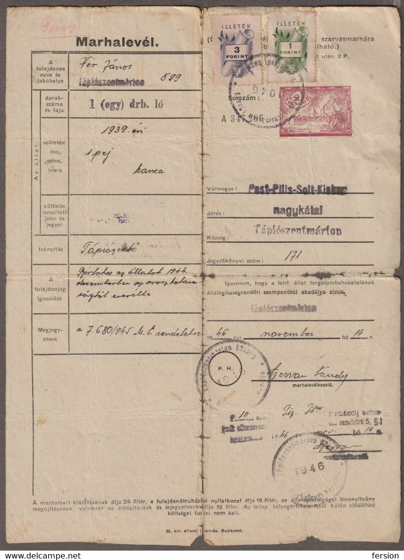 1946 Hungary REVENUE STAMP Agriculture Animal Passport - HORSE OX - Pest Pilis Solt Kiskun County Tápiószentmárton - 2 P - Fiscales