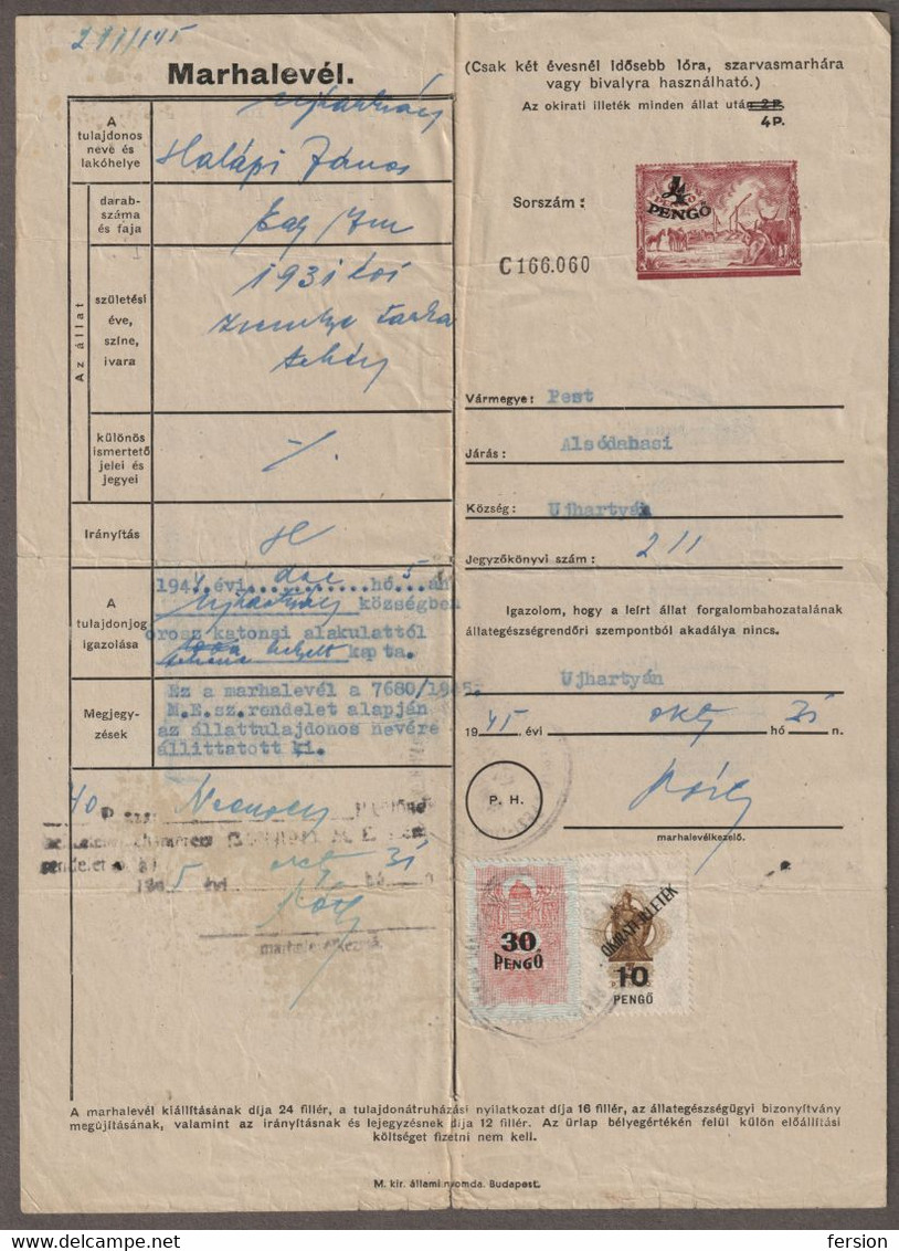 1945 Hungary REVENUE STAMP Agriculture Animal Passport HORSE OX Pest Pilis Solt Kiskun County ÚJHARTYÁN 2  4 P Overprint - Fiscale Zegels