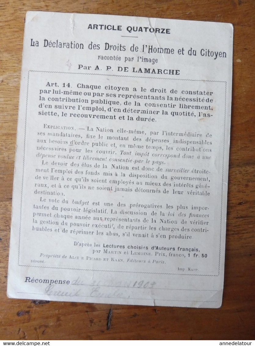 Déclaration des DROITS DE L'HOMME  par l'image ,par A. P. De la Marche (contre BONS POINTS dans les écoles en 1909 )