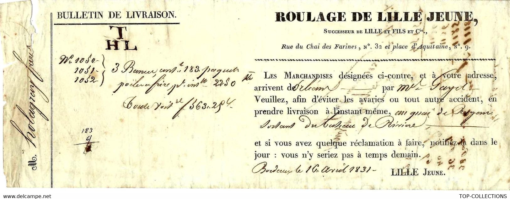 1831 LETTRE DE VOITURE ROULAGE TRANSPORT FLUVIAL Par Bateau   De Bordeaux « Lille Jeune » En Provenance D’Orléans - Italie
