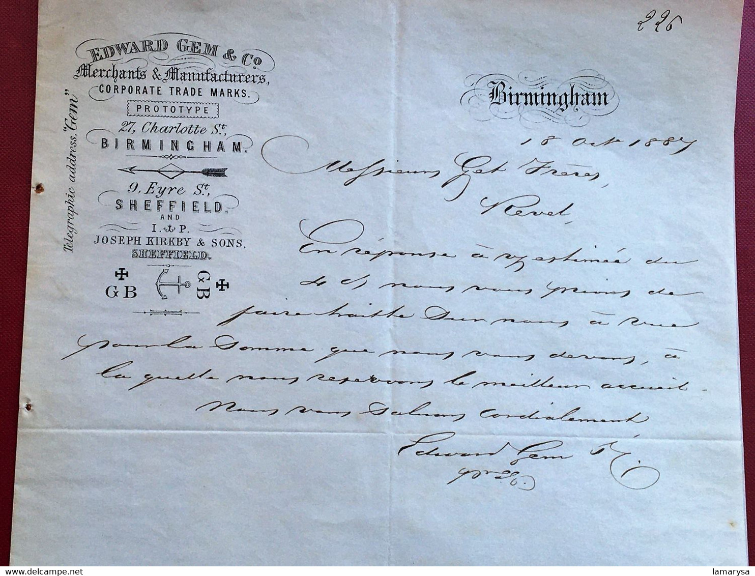 Rarely 1884-☛Invoice Commercial Document Illustrated Birmingham United Kingdom England-Sheifield-Merchants Manufacterers - Royaume-Uni