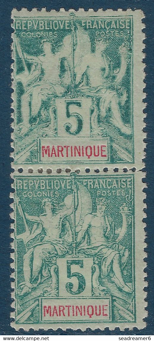 France Colonies Martinique N°34*  5c Vert En Paire Avec Une Superbe Variété D'impression Détruite !! RR Signé SCHELLER - Neufs