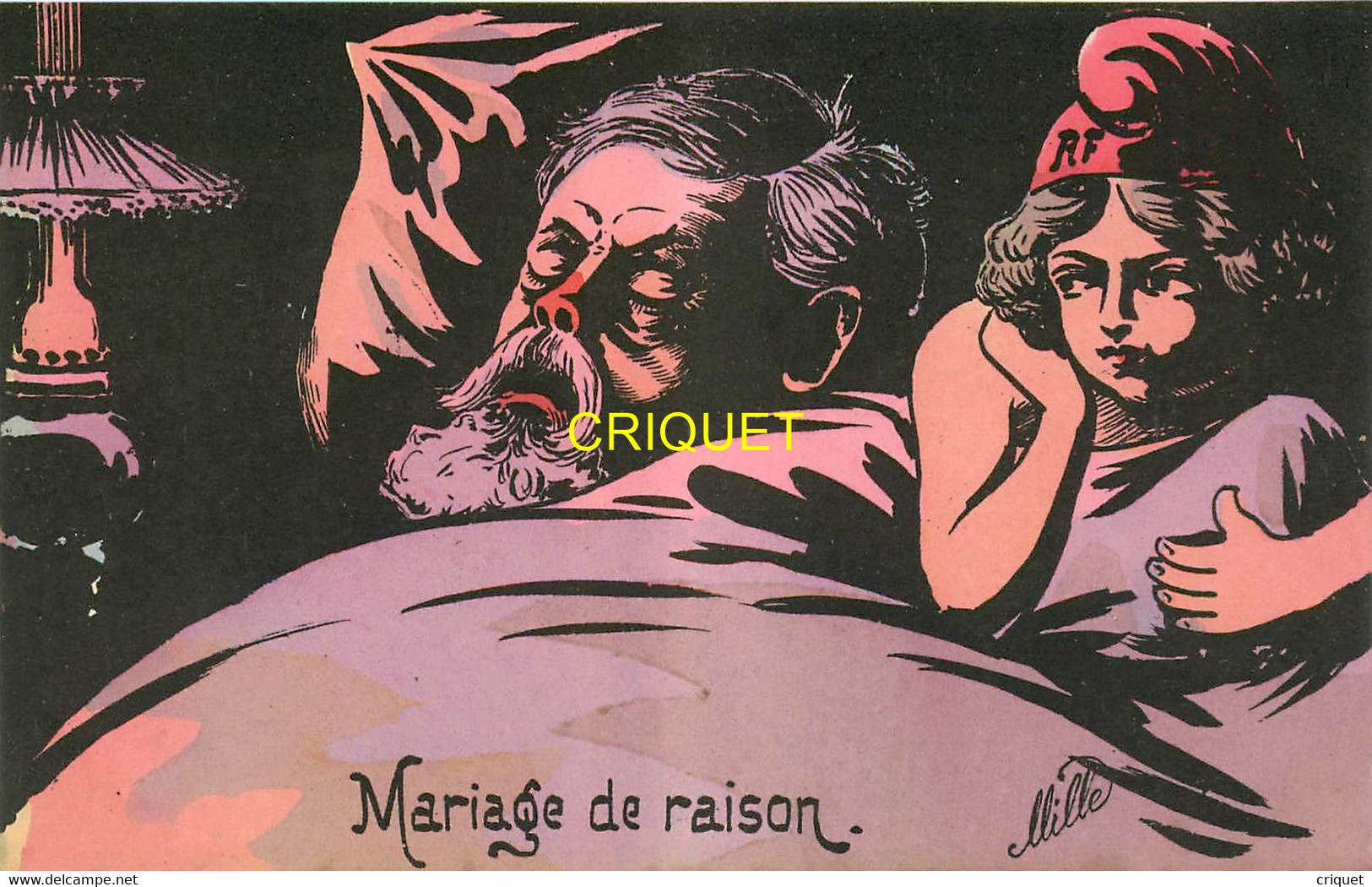 Illustrateur Mille, Politique Satirique, Mariage De Raison, Fallières Dans Un Lit Avec Mariane - Mille