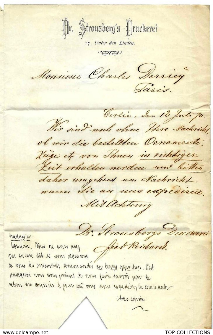 JUDAICA 1870  Berlin Dr Strousberg S Druckerei Unterden Linden Berlin  Ch. Derriey Paris Graveur Fonderie  Imprimerie - Historische Documenten