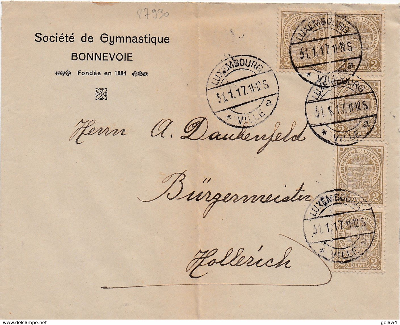 27930# ENVELOPPE SOCIETE DE GYMNASTIQUE BONNEVOIE Obl LUXEMBOURG 1917 Pour HOLLERICH SPORT GYMNASTIC - 1907-24 Coat Of Arms