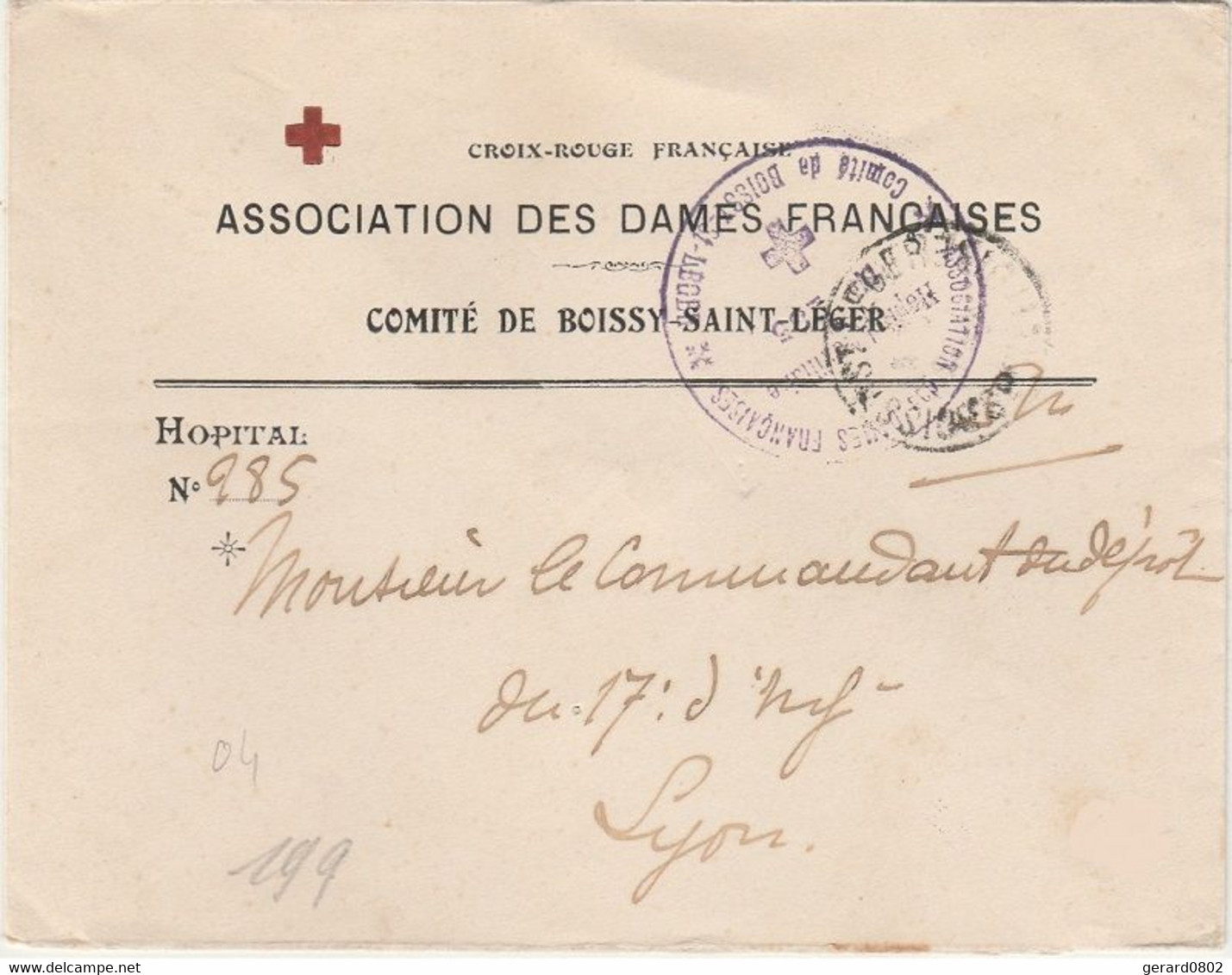 LETTRE EN FRANCHISE MILITAIRE DE L'HOPITAL N° 85 DE BOISSY ST LEGER POUR LYON - Oorlog 1914-18