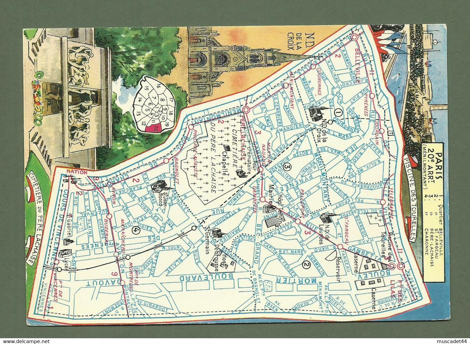 CARTE POSTALE  CARTE PLAN GEOGRAPHIQUE PARIS XX BLONDEL LA ROUGERY - District 20