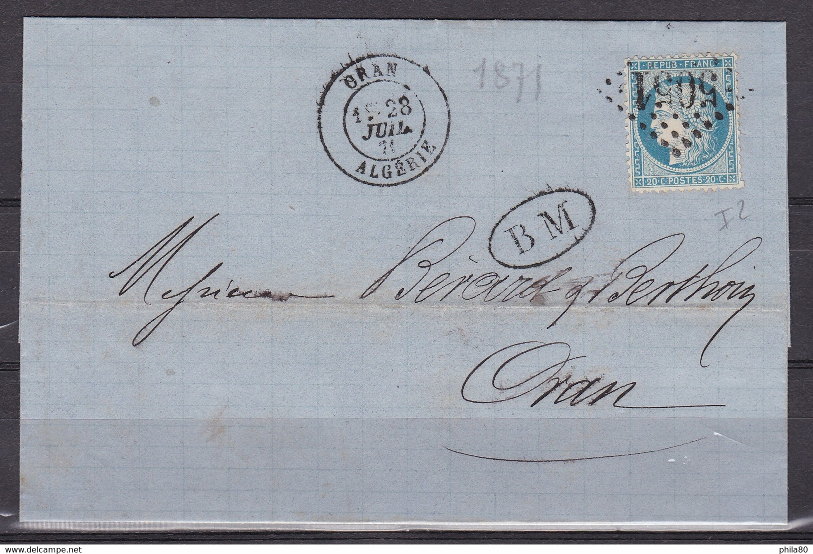 ALGERIE N°37 Sur Lettre De Oran (GC5051) Datée Du 28 Juil 71 + BM Adressée à Oran - 1849-1876: Klassieke Periode