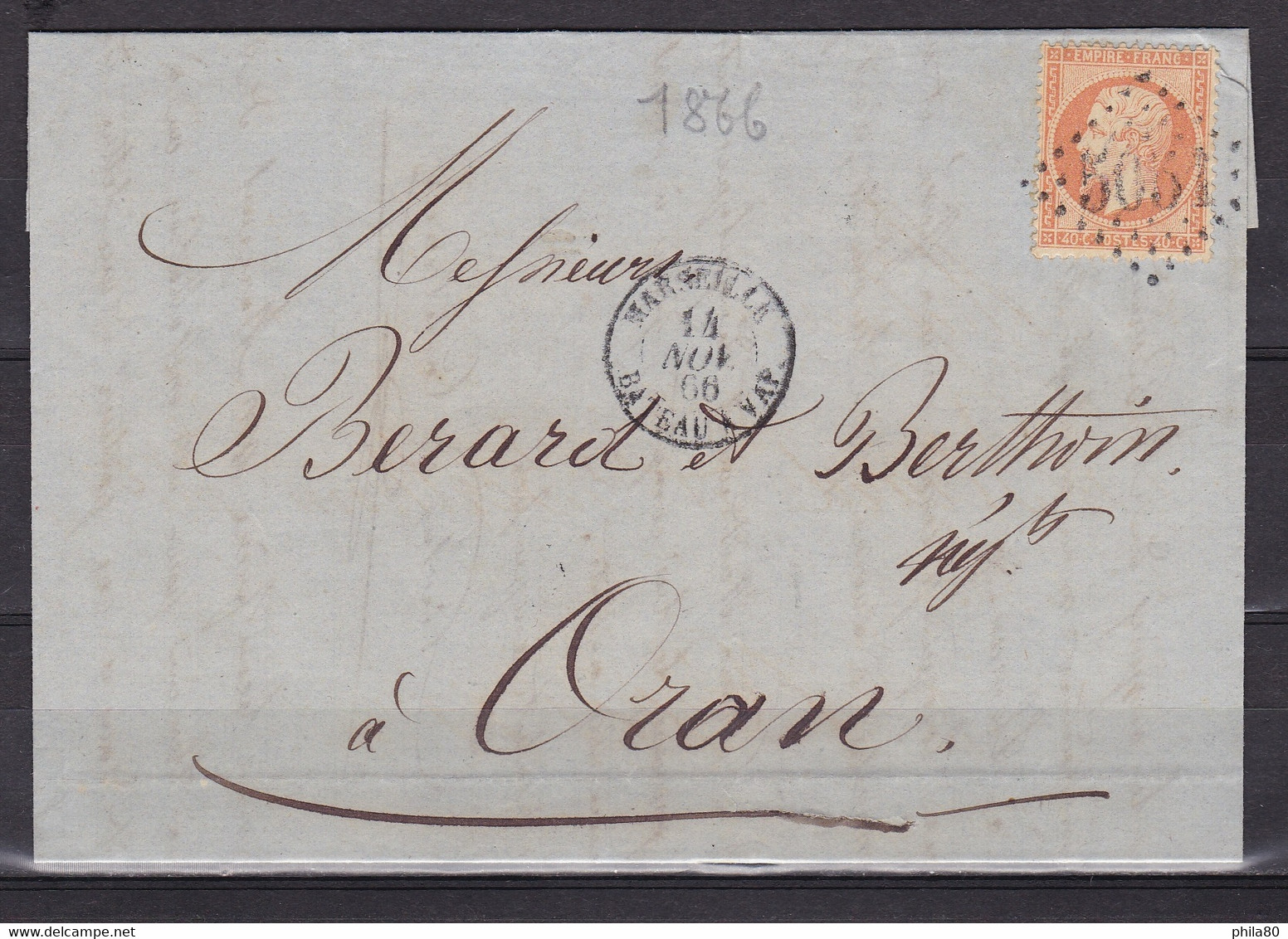 ALGERIE N°23 Sur Lettre De Oran (GC5051) Datée Du 14 Nov 66 Adressée à Oran - 1849-1876: Klassik