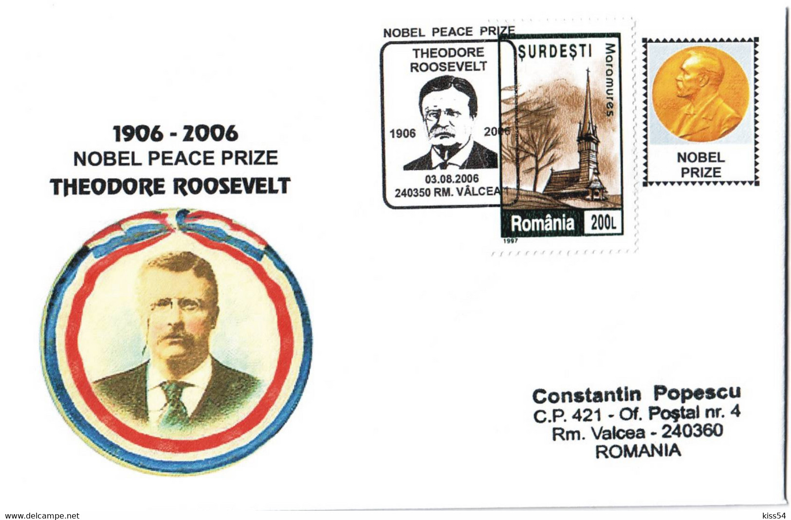 COV 86 - 394 Theodore ROOSEVELT, Nobel Peace Prize, US-Romania - Cover - Used - 2006 - Nobelprijs