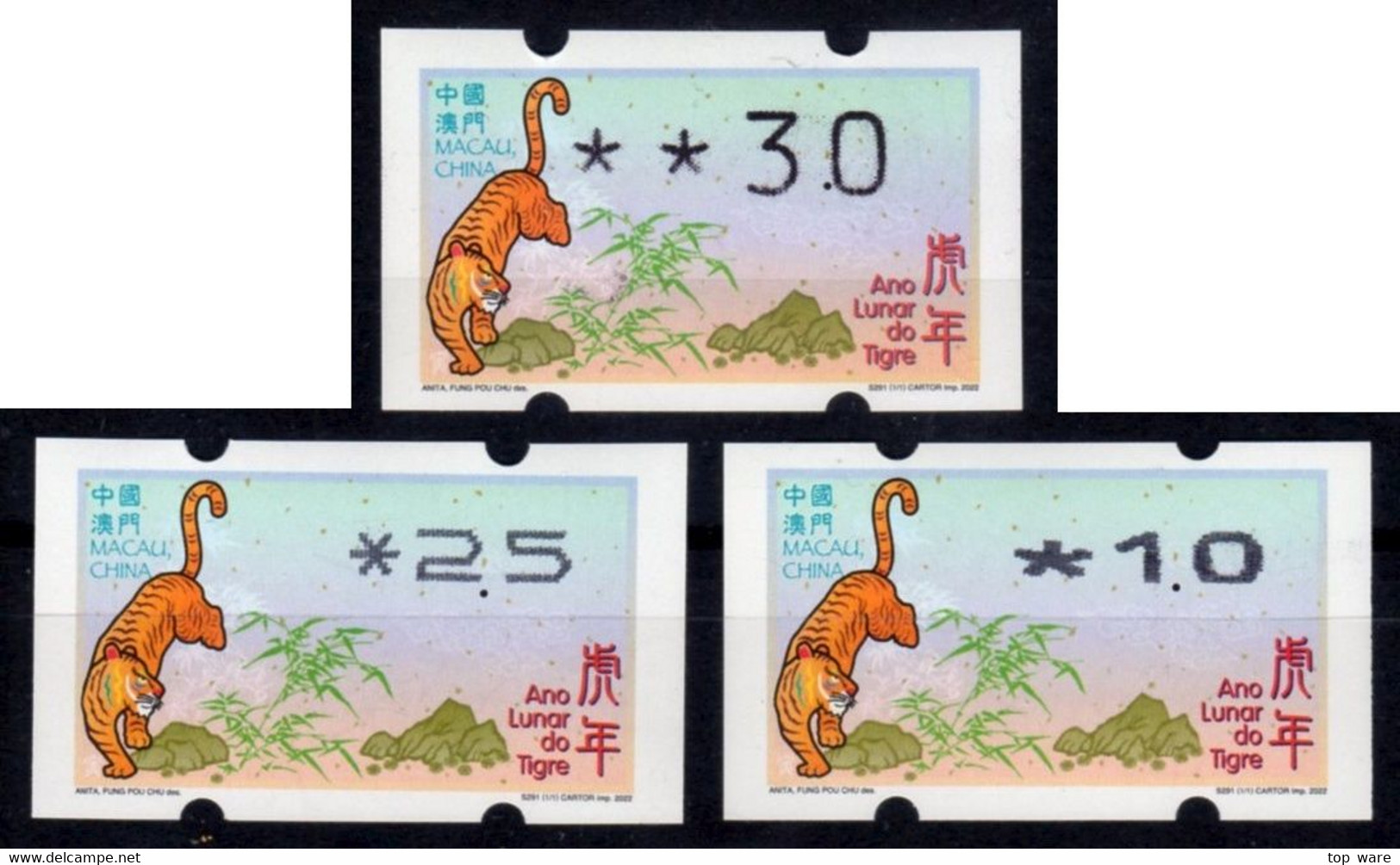 2022 China Macau ATM Stamps Tiger / MNH / Alle Drei Typen Mit Zähl-Nr. Automatenmarken Klussendorf Nagler Newvision - Distributeurs