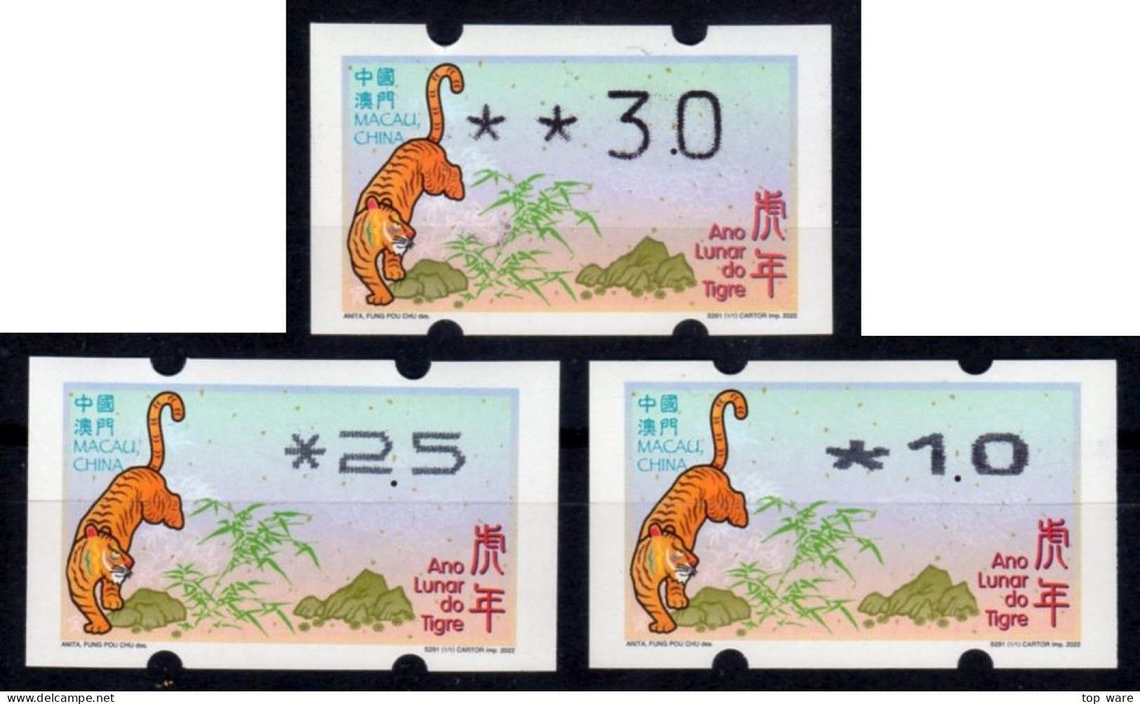 2022 China Macao Macau ATM Stamps Année Du Tigre / Tous Types D'imprimantes Klussendorf Nagler Newvision Automatenmarken - Automaten